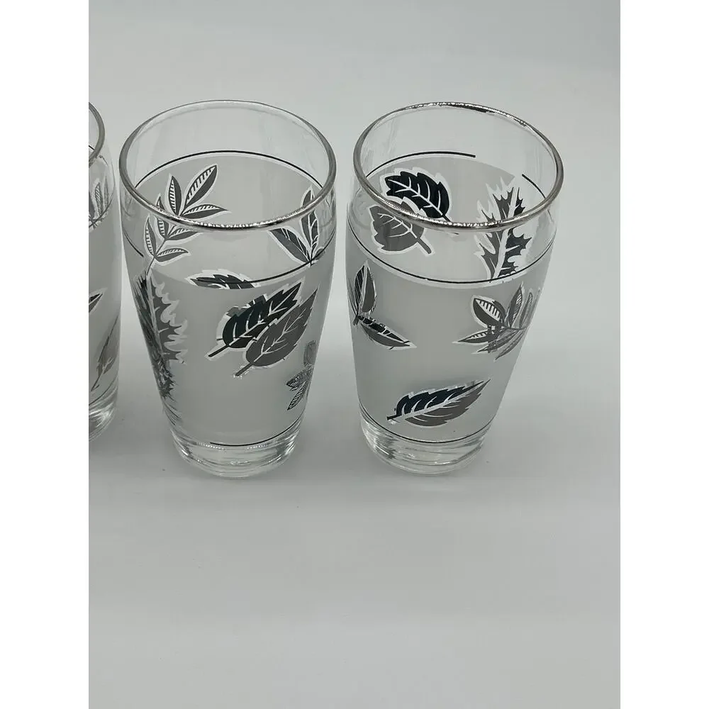 Libbey Frosted Leaf Drinking Glasses Set of 4 Silver Mid Century ~5.5” Tumblers